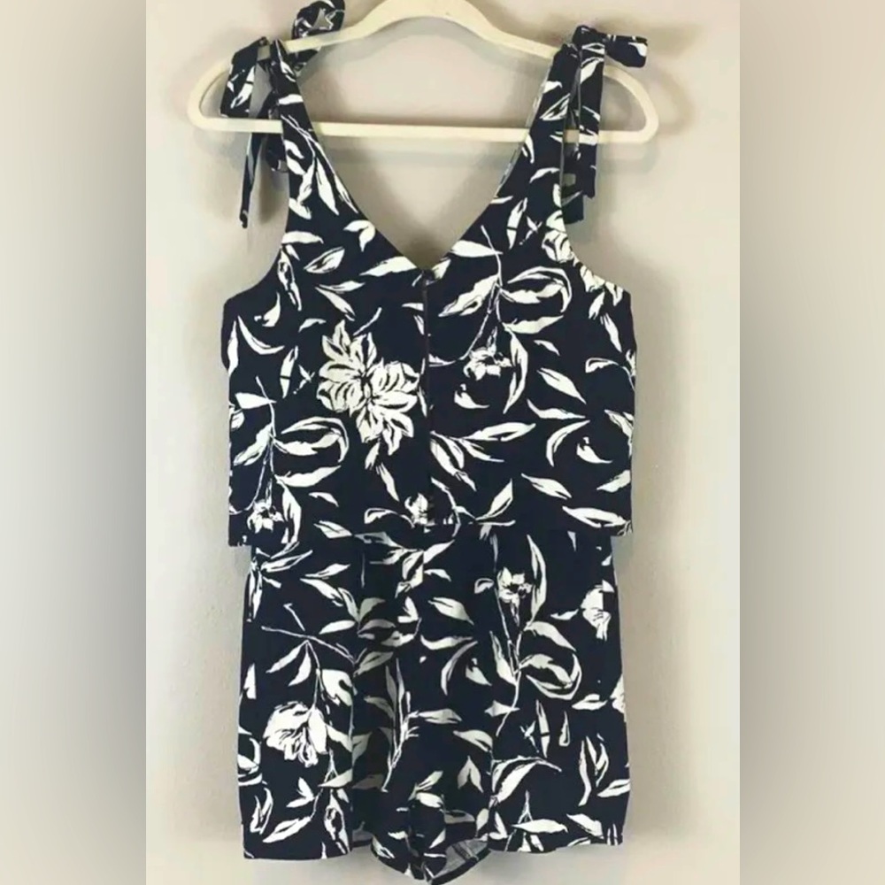 J.o.a. Tie Shoulder Popover Navy Floral Linen Romper